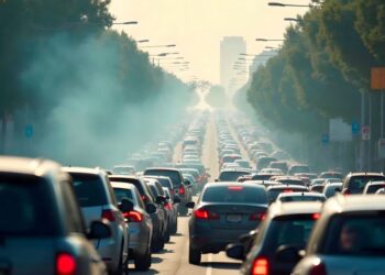 Trânsito intenso em avenida urbana com carros parados e poluição visível no ar