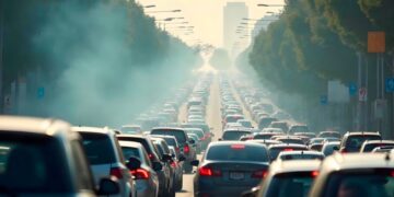 Trânsito intenso em avenida urbana com carros parados e poluição visível no ar