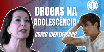 Foto de Dra. Fátima Padin à esquerda. Um adolescente à direita. Ao centro, o título em letras brancas: Drogas na Adolescência, seguido do subtítulo: como identificar.
