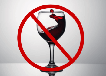 Fundo cinza. Uma taça de vinho ao centro com um símbolo de pare em cima.