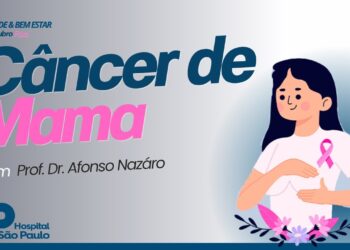 Fundo cinza. Câncer de mama e Prof. Dr. Afonso Nazário escrito à esquerda. Desenho de uma mulher à direita.