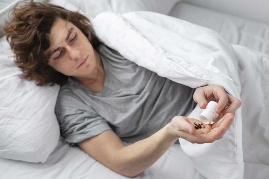 homem na cama tomando uma medicao