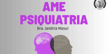 Fundo cinza. No topo, AME Psiquiatria em roxo, e Dra Jandira Masur, em preto. Logo abaixo, ao centro, desenho de duas cabeças lado a lado. Uma é roxa e a outro é cinza.