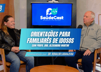 Idosos e Família: uma mulher e um homem sentados em um cenário para entrevista de podcast.