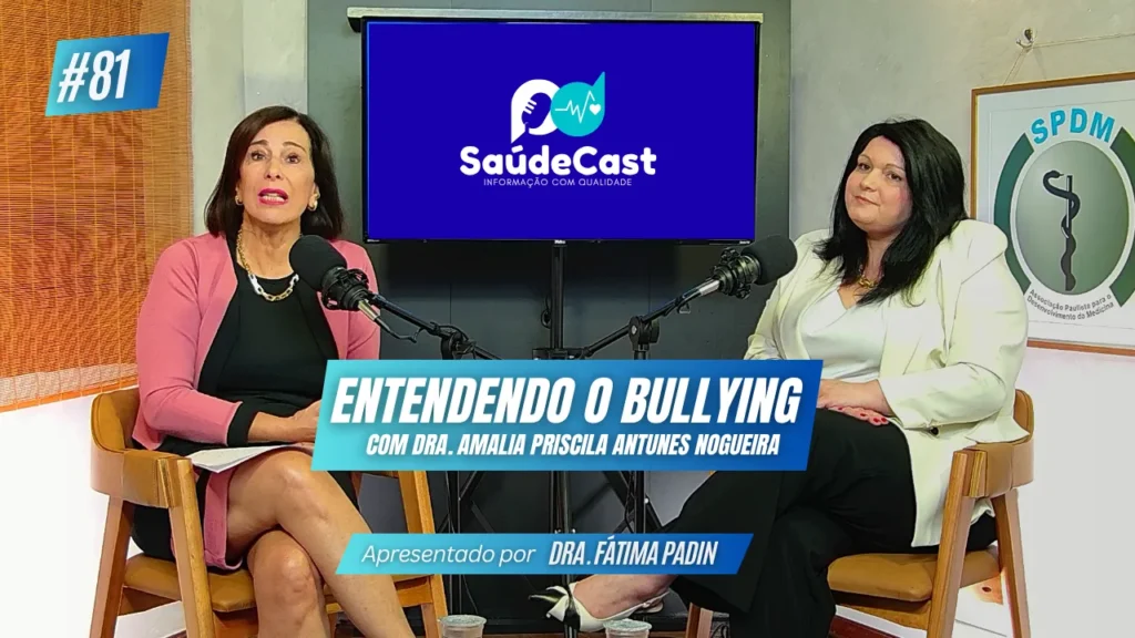 Foto de Dra. Fátima Padin e Dra. Amália durante o SaúdeCast. Sobre elas