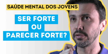 Fundo degradê cinza. À esquerda, Saúde Mental dos Jovens, palavras escritas em preto em cima de uma faixa amarela. Logo em seguida, "ser forte ou parecer forte?", palavras escritas em branco. À direita, foto do Dr. Rodrigo Luz.