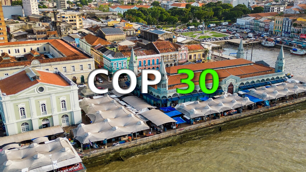 COP 30. COP em letras brancas e o numeral 30 em verde.