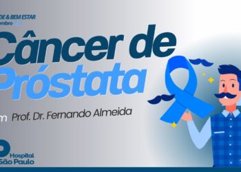 Fundo degradê cinza. À esquerda, as palavras "câncer de próstata" em azul. À direita, desenho de um homem segurando o símbolo do Novembro Azul.