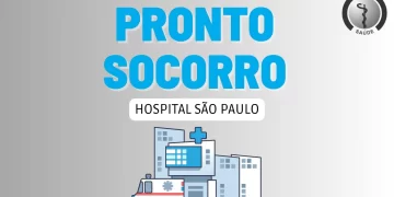 Fundo em degradê cinza. Ao centro, Pronto Socorro em azul, seguido de Hospital São Paulo em letras pretas e o desenho de um hospital.