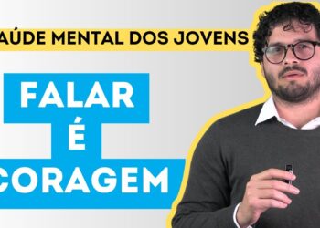 Fundo degradê cinza. À esquerda, Saúde Mental dos Jovens, palavras escritas em preto em cima de uma faixa amarela. Logo em seguida, "falar é coragem", palavras escritas em branco. À direita, foto do Dr. Iury Magalhães.
