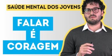 Fundo degradê cinza. À esquerda, Saúde Mental dos Jovens, palavras escritas em preto em cima de uma faixa amarela. Logo em seguida, "falar é coragem", palavras escritas em branco. À direita, foto do Dr. Iury Magalhães.