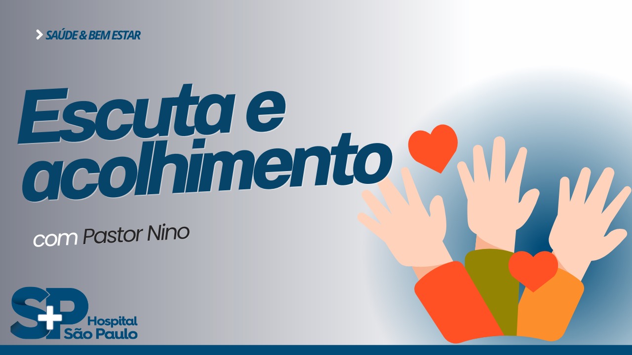 Voluntariado. Fundo degradê cinza para o branco. Escuta e Acolhimento escrito à esquerda. Desenho de de três mãos. Acima, um coração.