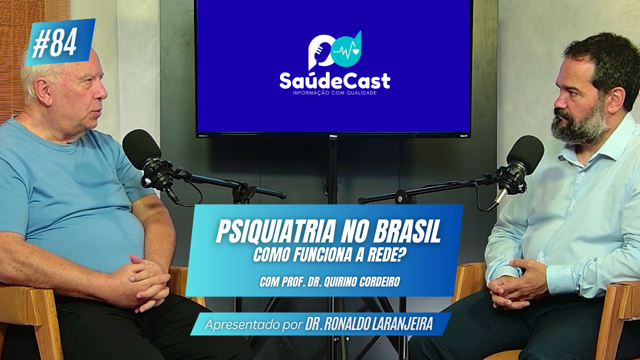Psiquiatria no Brasil. Foto do Dr. Ronaldo e Dr. Quirino em estúdio para o SaúdeCast.