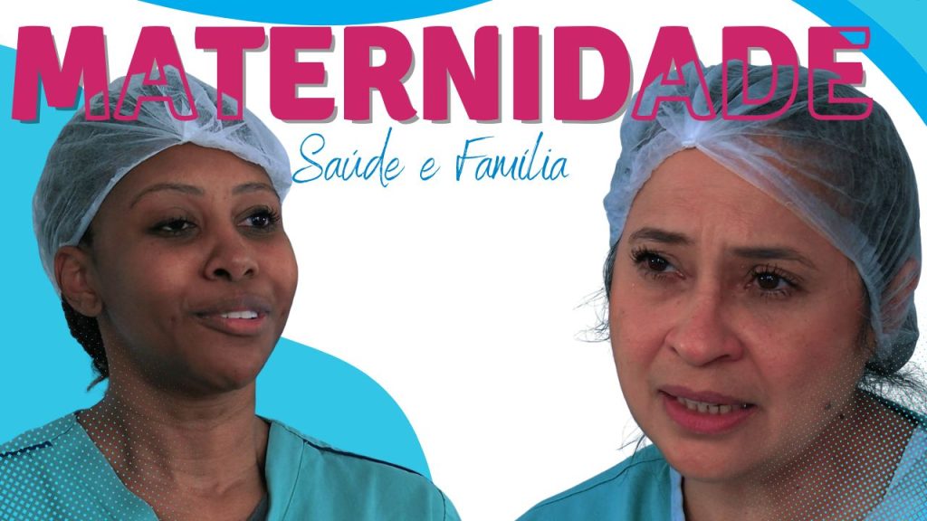 maternidade. À direita e à esquerda, fotos de enfermeiras, uma em cada lateral da imagem. No topo superior, a palavra 