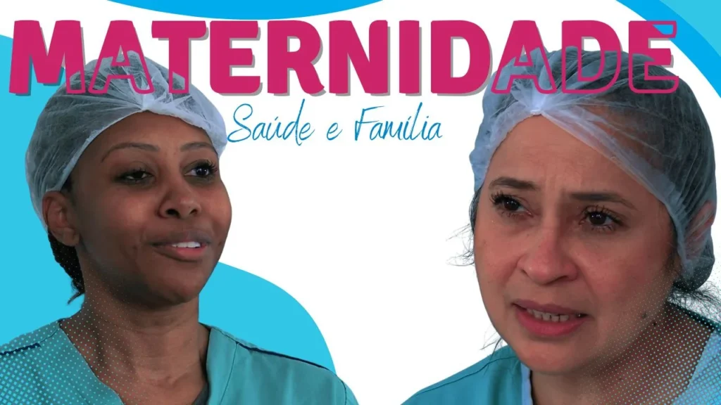 maternidade. À direita e à esquerda, fotos de enfermeiras, uma em cada lateral da imagem. No topo superior, a palavra "maternidade" em rosa.