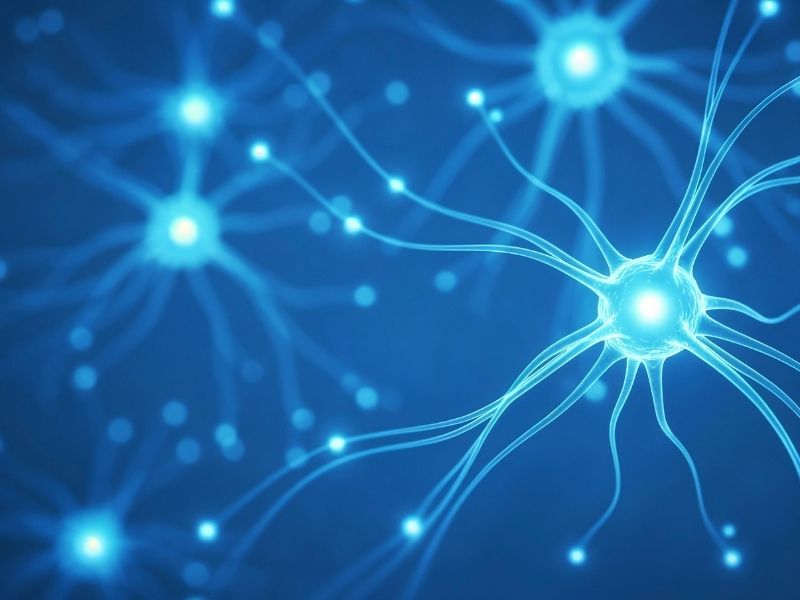 Ilustração de neurônios conectados por impulsos elétricos em fundo azul.