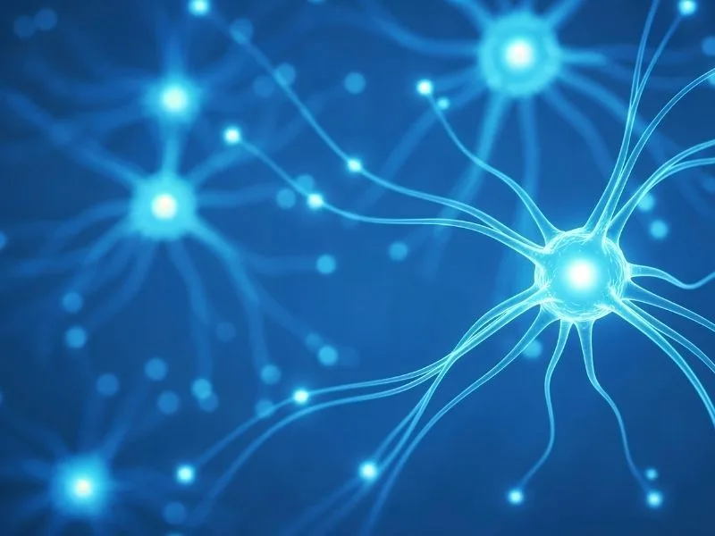 Ilustração de neurônios conectados por impulsos elétricos em fundo azul.