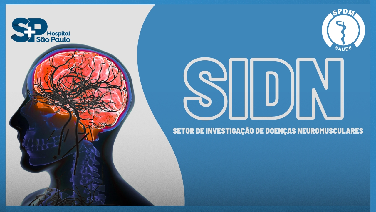 À esquerda, desenho de um corpo humano com o cérebro em destaque. À direita, SIDN e logo abaixo, Setor de Investigação de Doenças Neuromusculares em branco sobre um fundo azul.