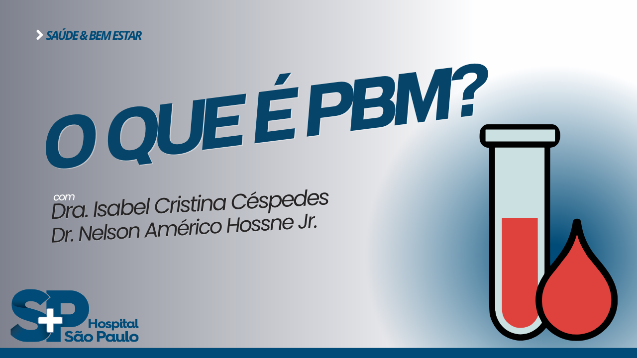 PBM. Fundo degradê cinza para o branco. O Que É PBM? escrito à esquerda. Desenho de de um tubo de ensaio com líquido vermelho e uma gota vermelha, à direita.