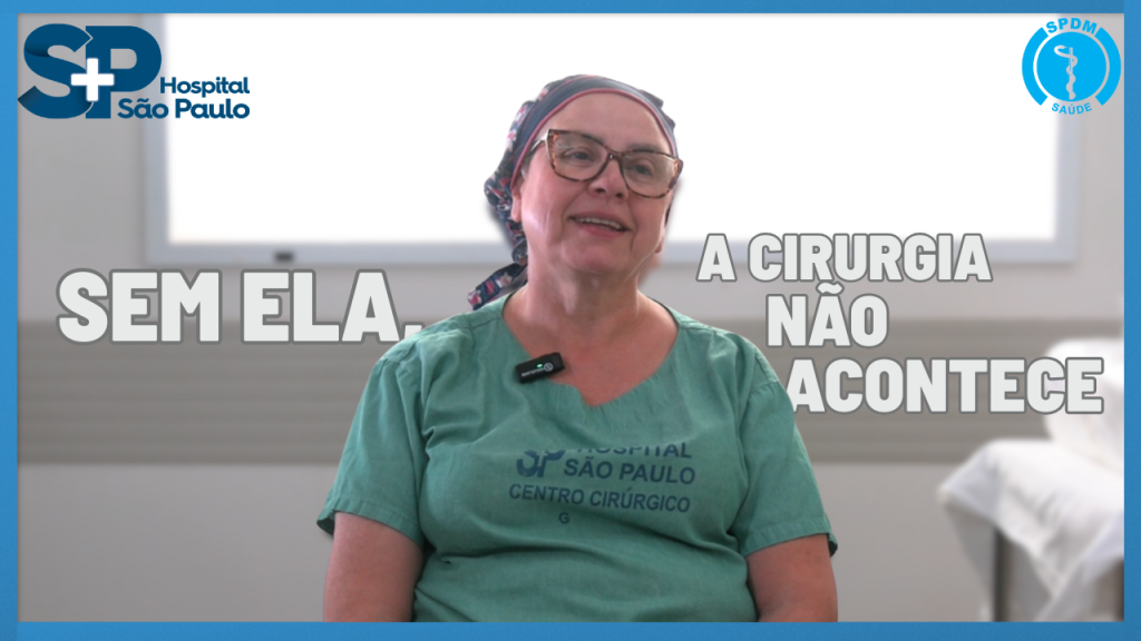 Instrumentador Cirúrgica. Foto de Iria Lima ao centro. À esquerda, as palavras 