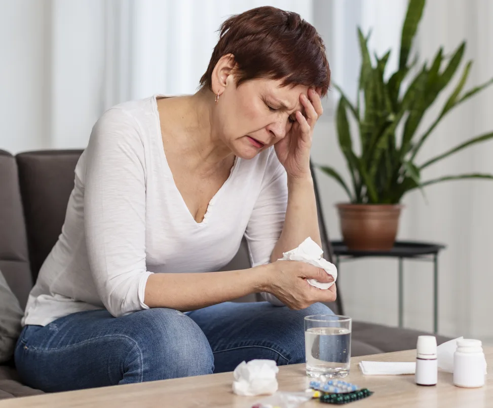 Mulher com dor de cabeça segurando lenço e medicamentos.