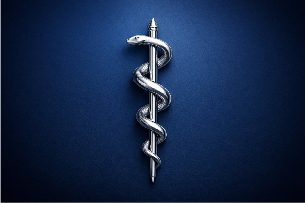 Enamed 2025. Fundo azul. Bastão de esculápio em prata ao centro.