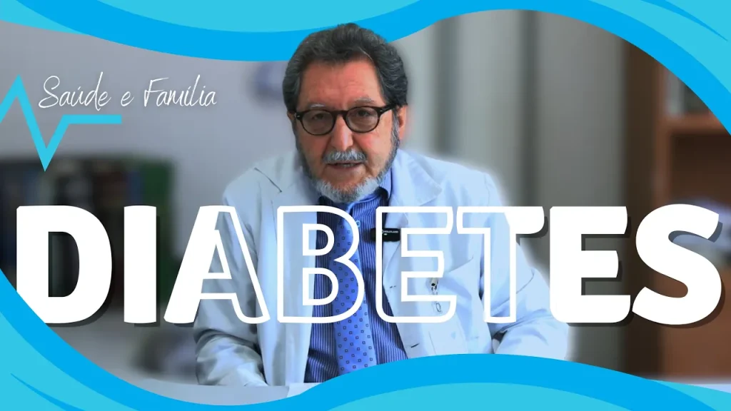 Diabetes. Foto do Dr. Sérgio Dib. Logo à frente, à esquerda e ao lado do Dr., Saúde e Família escrito em branco. Abaixo, Diabetes, escrito em branco, com as letras A B E transparentes.