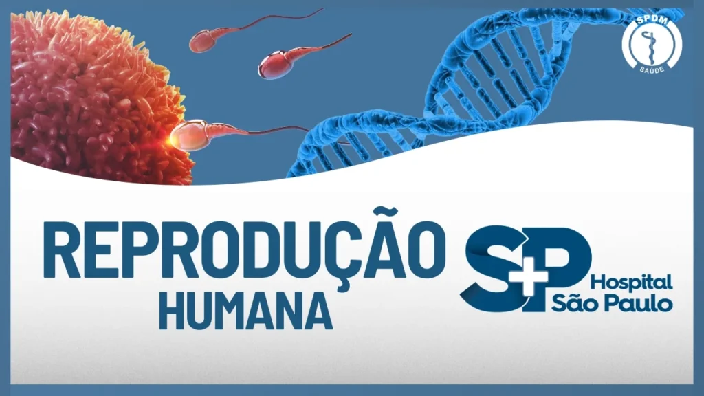 Reprodução Humana. À esquerda, imagem de espermatozoides fecundando um óvulo. Logo abaixo, Reprodução Humana. No canto inferior direito, logo do Hospital São Paulo.