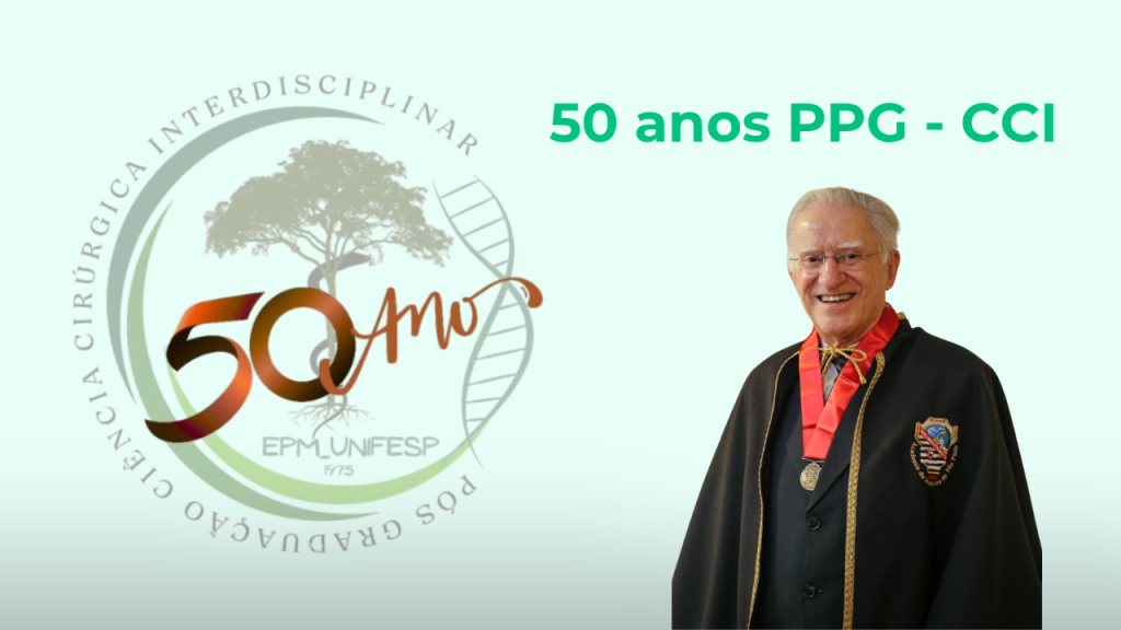 Fundo verde. À direita, logo do PPG-CCI. À esquerda, foto do Dr. Gaspar. Logo acima, em letras verdes: 50 anos PPG-CCI.