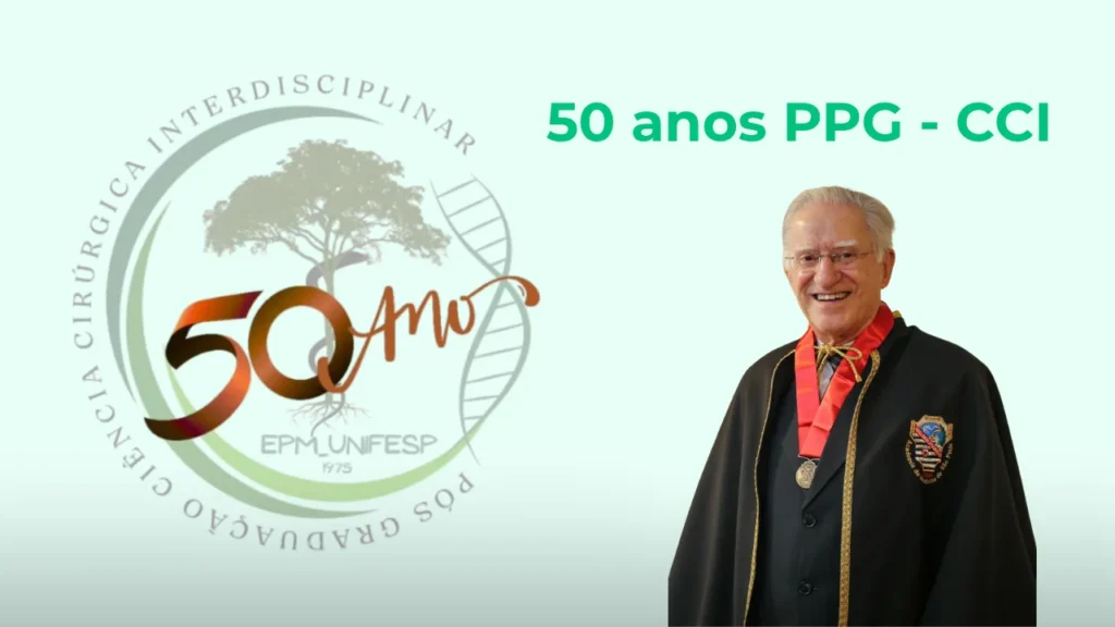 Fundo verde. À direita, logo do PPG-CCI. À esquerda, foto do Dr. Gaspar. Logo acima, em letras verdes: 50 anos PPG-CCI.