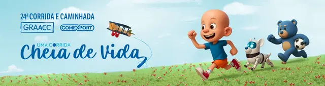 24a. Corrida e Caminhada COMEXPORT GRAACC em letras azuis. Logo abaixo, também em azul, uma corrida cheia de vida. À direita, desenho de um menino careca, um cachorro robô e um urso segurando uma bola. Eles correm.