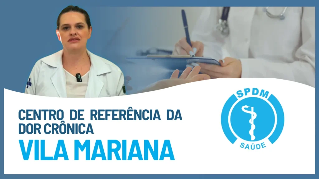 Centro de Referência da Dor Crônica. No topo, à esquerda, foto da Dra. Vanessa, e à direita, foto de uma pessoa vista do peitoral até a altura da mão, anotando sobre uma prancheta. Logo abaixo, Centro de Referência da Dor Crônica. No canto inferior direito, logo da SPDM.