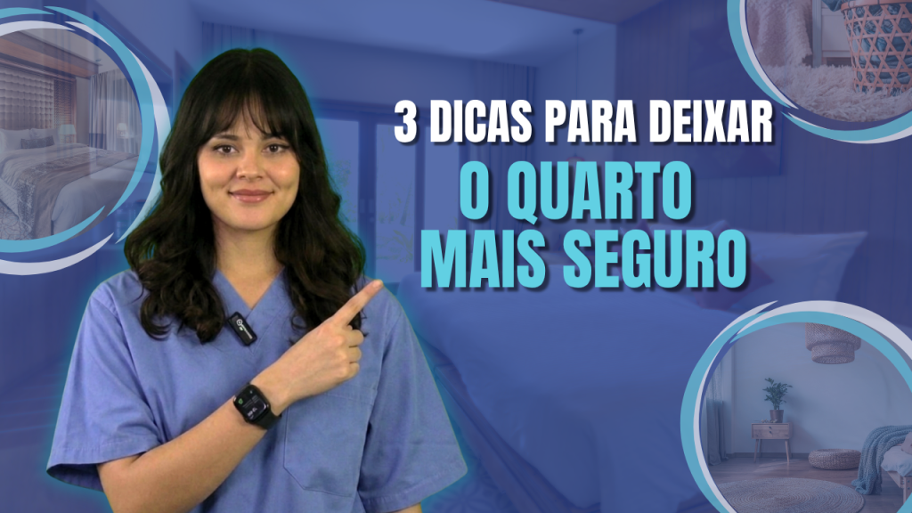 Quedas de idosos no quarto. Fundo com três fotos de quarto dentro de círculos. Em primeiro plano, foto de Ana. À esquerda, o título: "3 dicas para deixar o quarto mais seguro".