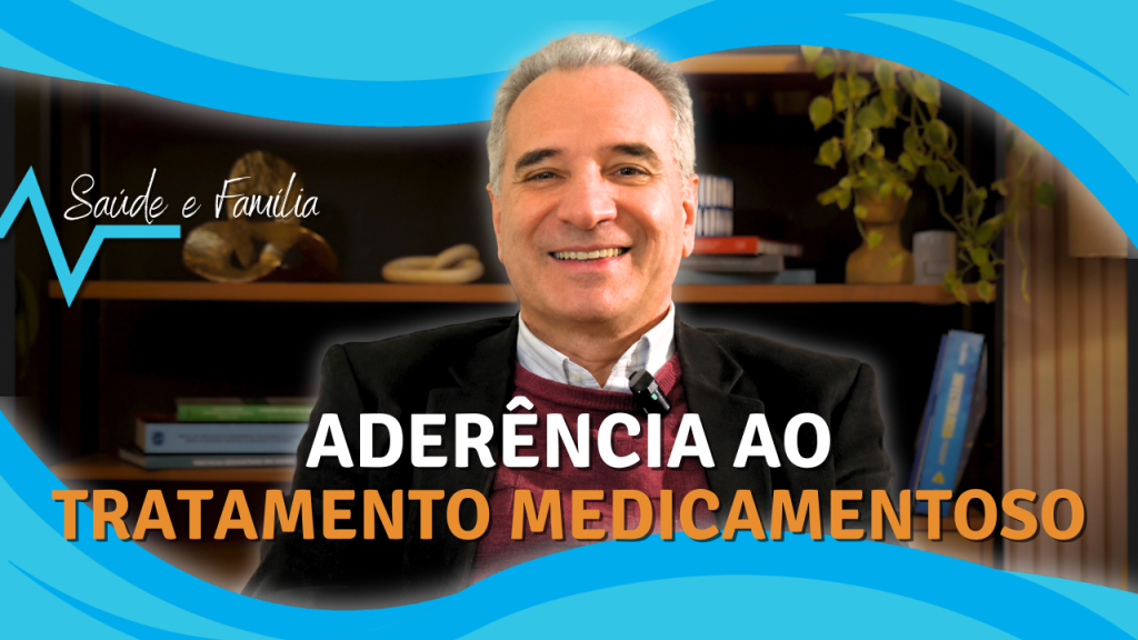 Adesão ao tratamento medicamentoso. Foto do Dr. Paulo Massabki. No topo e na parte inferior, ondas em azul. À frente, aderência ao em branco, e tratamento medicamentoso, escrita em laranja.