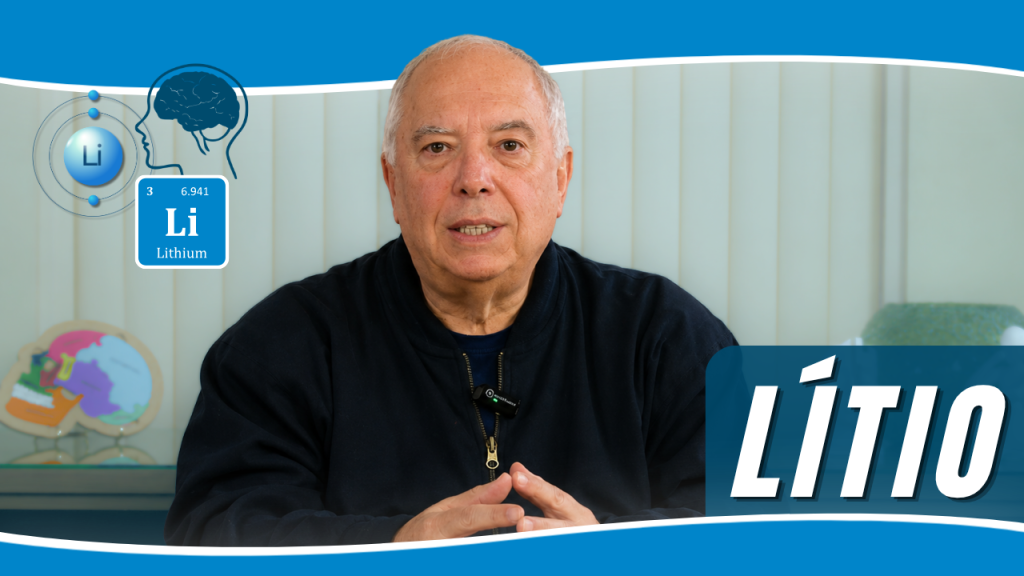 LÍTIO. Thumbnail em tons de azul, com o Dr. Ronaldo Laranjeira ao centro. À esquerda, há elementos relacionados ao cérebro e ao lítio, incluindo a representação do elemento químico. No canto inferior direito, destaca-se a palavra “LÍTIO” em letras grandes.