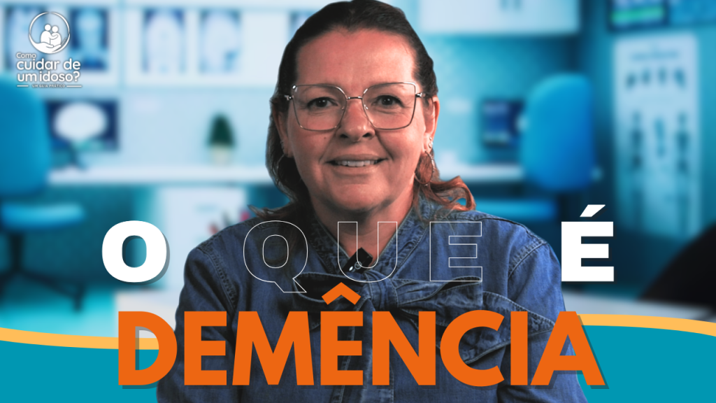 o que é demência. Foto de Dra. Alexandra Martini de Oliveira. Ao centro, as palavras "o que é demência", em branco e laranja. Acima, no esquerdo, logo do projeto "Como Cuidar de um Idoso ? - um guia prático."
